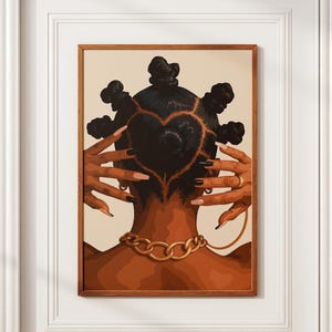 Black woman print of a Black woman with bantu knots, hands framing her head, and a gold chain against a peach backdrop.