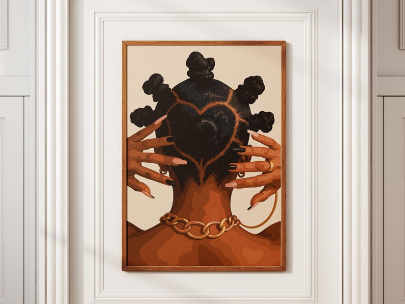 Black woman print of a Black woman with bantu knots, hands framing her head, and a gold chain against a peach backdrop.