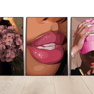 Arte digital de 3 piezas: Mujer negra, arte digital afroamericano, póster de moda de lujo, decoración moderna para el hogar, ilustraciones de rosas rosa claro.