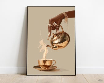 Black Woman Art, Modern Art, African Coffee Art Print, Elegant Hand Pouring Coffee, Afrocentric Modern Illustration, Warm Neutral Wall Decor