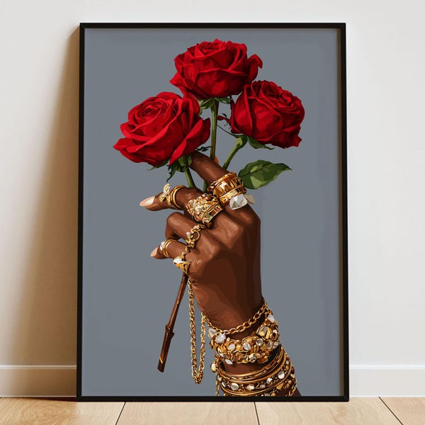 Black woman art, Black Girl Art Print | Red Rose Art | Modern Minimalist Wall Decor | Digital Poster | Home Decor, Urban decor, Red Rose Art