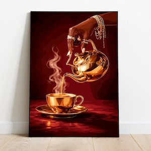 Coffee Art, Black Woman Art, Gold Kettle art, Afro Art, Black Woman Wall Art, Black Wall Art, Gold Kettle wall art, Black girl art, Digital