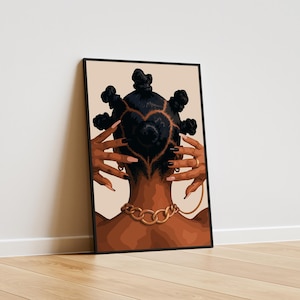 Black woman print of a Black woman with bantu knots, hands framing her head, and a gold chain against a peach backdrop.