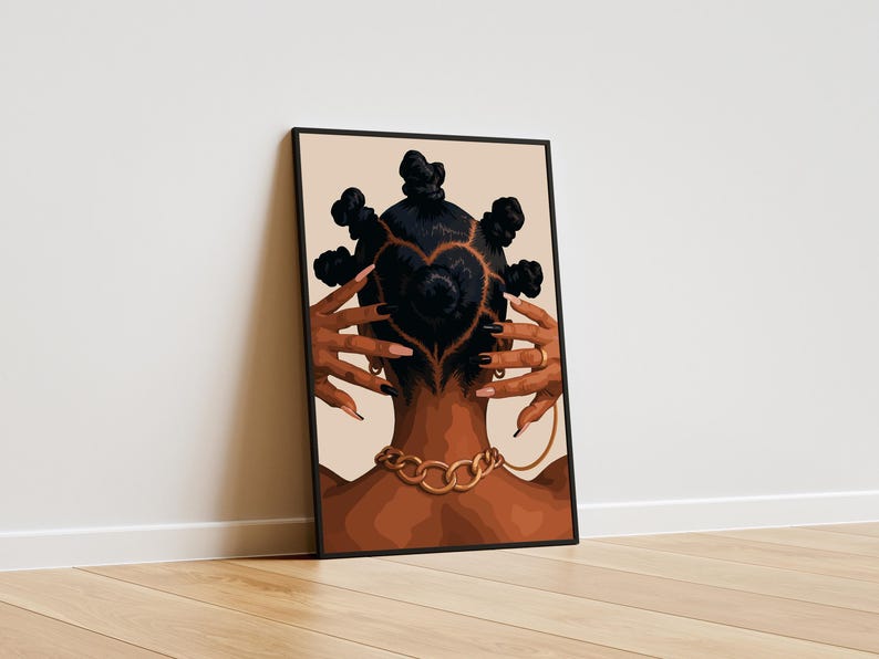 Black woman print of a Black woman with bantu knots, hands framing her head, and a gold chain against a peach backdrop.
