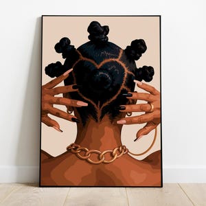 Black woman print of a Black woman with bantu knots, hands framing her head, and a gold chain against a peach backdrop.