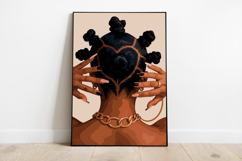 Black woman print of a Black woman with bantu knots, hands framing her head, and a gold chain against a peach backdrop.
