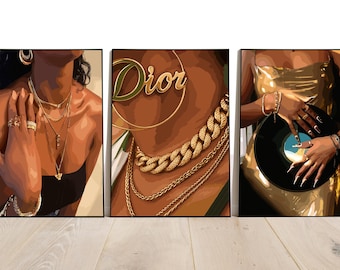 Black Woman Art, 3 Set Art, Black Woman Wall Art, Black Girl Wall Art, African wall art, Black girl art, Wall Art Digital, Fashion Art