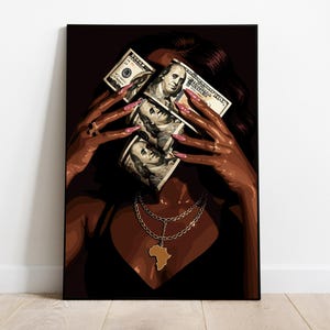 Black woman art print: melanin-rich figure with dollar bills covering her face, wearing a gold Africa pendant.