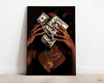 Black Woman Art, Money Art, Black Woman Wall Art, Black Girl Wall Art, African wall art, Black girl art, Wall Art Digital, Rich Fashion Art