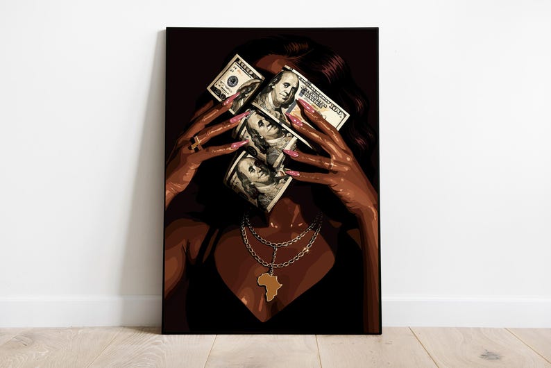 Black woman art print: melanin-rich figure with dollar bills covering her face, wearing a gold Africa pendant.