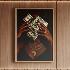 Black woman art print: melanin-rich figure with dollar bills covering her face, wearing a gold Africa pendant.