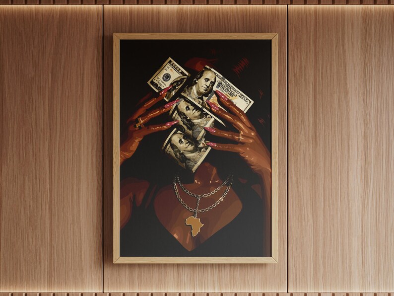 Black woman art print: melanin-rich figure with dollar bills covering her face, wearing a gold Africa pendant.