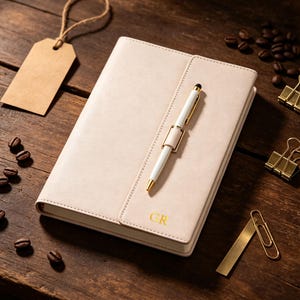 Peut inclure: Un carnet beige clair avec une fermeture à sangle verticale et les lettres GR dorées en relief. Un stylo blanc et doré est maintenu dans une boucle assortie sur la sangle. Le carnet est entouré de grains de café, de pinces et d'une étiquette.