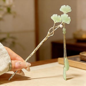 Smaragdgrüne Ginkgo Quaste Haarnadel, Muttertagsgeschenk für Mama, Vintage Hanfu Haarstab, Retro traditionelles Haar Accessoire für Frauen