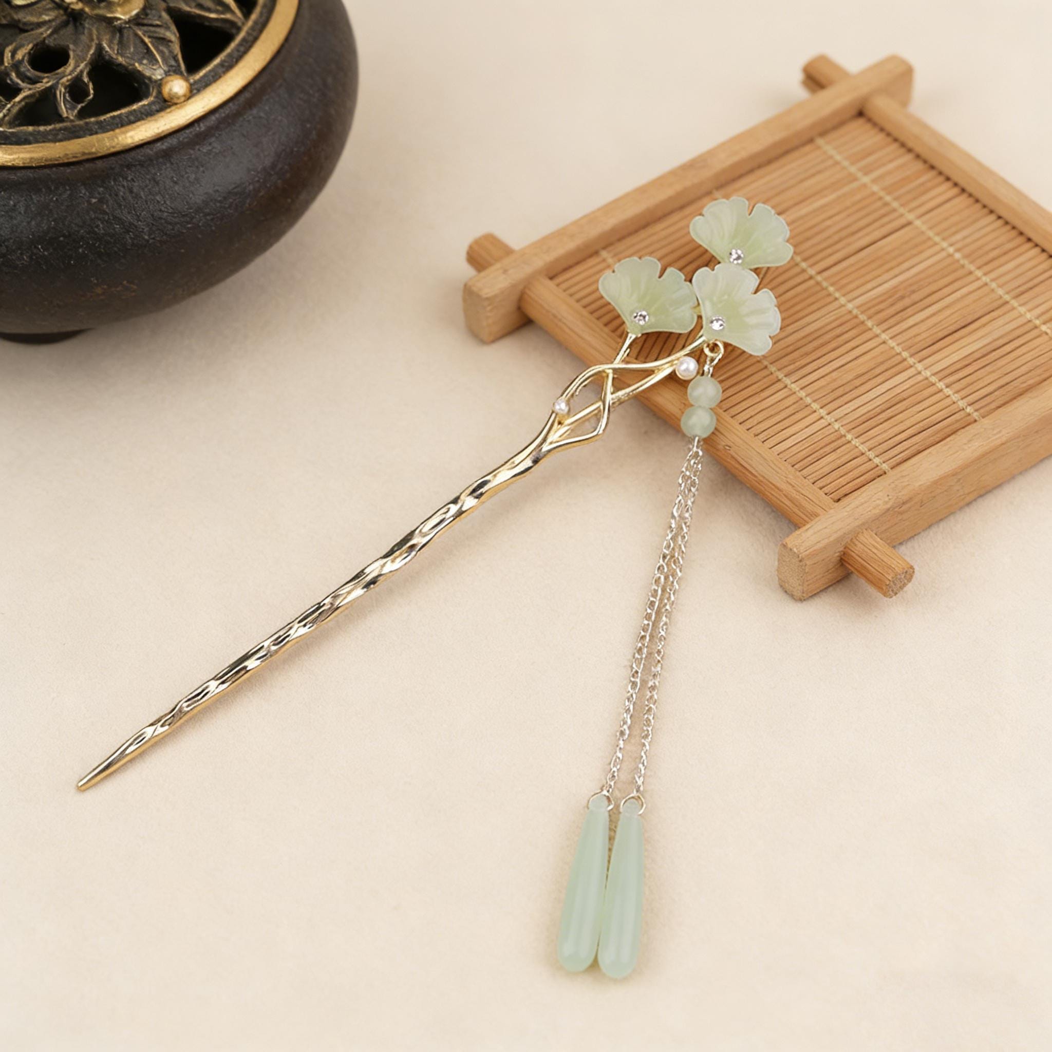 Emerald Green Ginkgo Tassel Hairpin, Mother’s Day Gift for Mom, Vintage ...