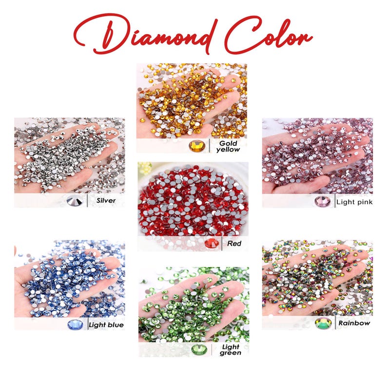 May include: A variety of colorful diamond-shaped rhinestones are displayed, including silver, gold, red, light pink, light blue, light green, and rainbow. The text "Diamond Color" is written in red cursive at the top of the image.