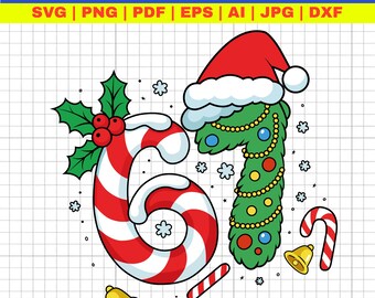 May include: A festive digital design featuring the number 67, decorated with Christmas elements. The number 6 is a candy cane with holly, and the 7 is a Christmas tree wearing a Santa hat. Includes bells, candy canes, and the text "BEST QUALITY INSTANT DOWNLOAD DIGITAL FILES".