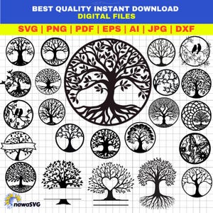 May include: A collection of black tree designs in circular frames, suitable for digital crafting. The image includes various tree silhouettes, a banner, and a butterfly design. Text at the top reads "BEST QUALITY INSTANT DOWNLOAD DIGITAL FILES".