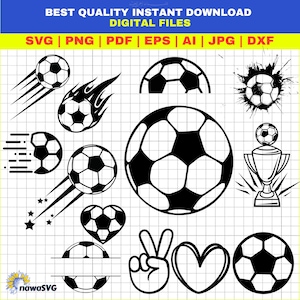 May include: A collection of black and white soccer ball designs in various styles, including a heart-shaped ball, a ball with flames, and a ball with motion lines. The image also includes the text "BEST QUALITY INSTANT DOWNLOAD DIGITAL FILES".