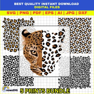 Könnte beinhalten: Ein digitales Kunstpaket mit fünf Leopardenmuster-Designs. Die Designs umfassen verschiedene Muster und eine detaillierte Illustration eines Leoparden-Gesichts. Der Text oben lautet "BEST QUALITY INSTANT DOWNLOAD DIGITAL FILES". Der Text unten lautet "5 PRINTS BUNDLE".