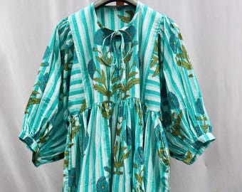 Turquoise Floral Block Print Cotton Midi Dress - Bohemian Summer Gown