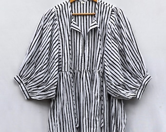 Black & White Striped Cotton Midi Dress: Bohemian Block Print Wrap