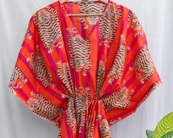 Tiger Print Cotton Kaftan: Indian Beach Cover Up - Plus Size