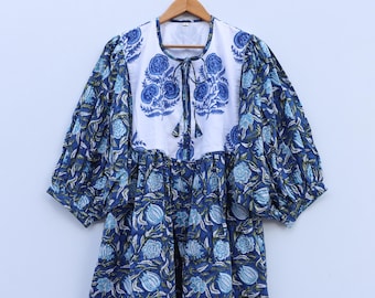 Blue Floral Hand Block Print Cotton Midi Dress, Bohemian Style, Puff Sleeve