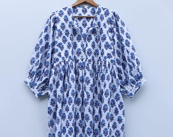 Blue Floral Hand Block Print Cotton Midi Dress, Puff Sleeve, Side Pockets