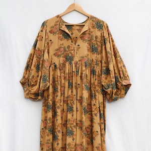 Block Print Cotton Midi Dress: Bohemian Floral Deep Neck Summer Dress