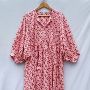 Pink Floral Block Print Cotton Dress: Bohemian Summer Midi/Mini