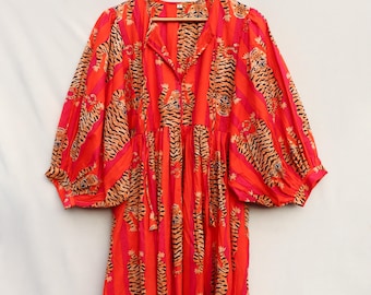 Orange Stripe Tiger Print Cotton Midi Dress: Vintage Indian Style