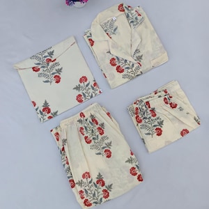 Floral Block Print Night Dress, Pure Cotton Handmade Pajama Set, Pant Shirt Printed Light Weight Dress, Women Night Wear Dress With Shorts