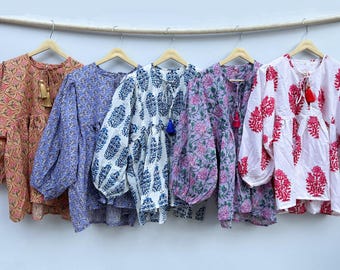 Hauts à basque en coton à imprimé block | Blouses bohèmes fleuries en plusieurs couleurs, tunique Jaipuri