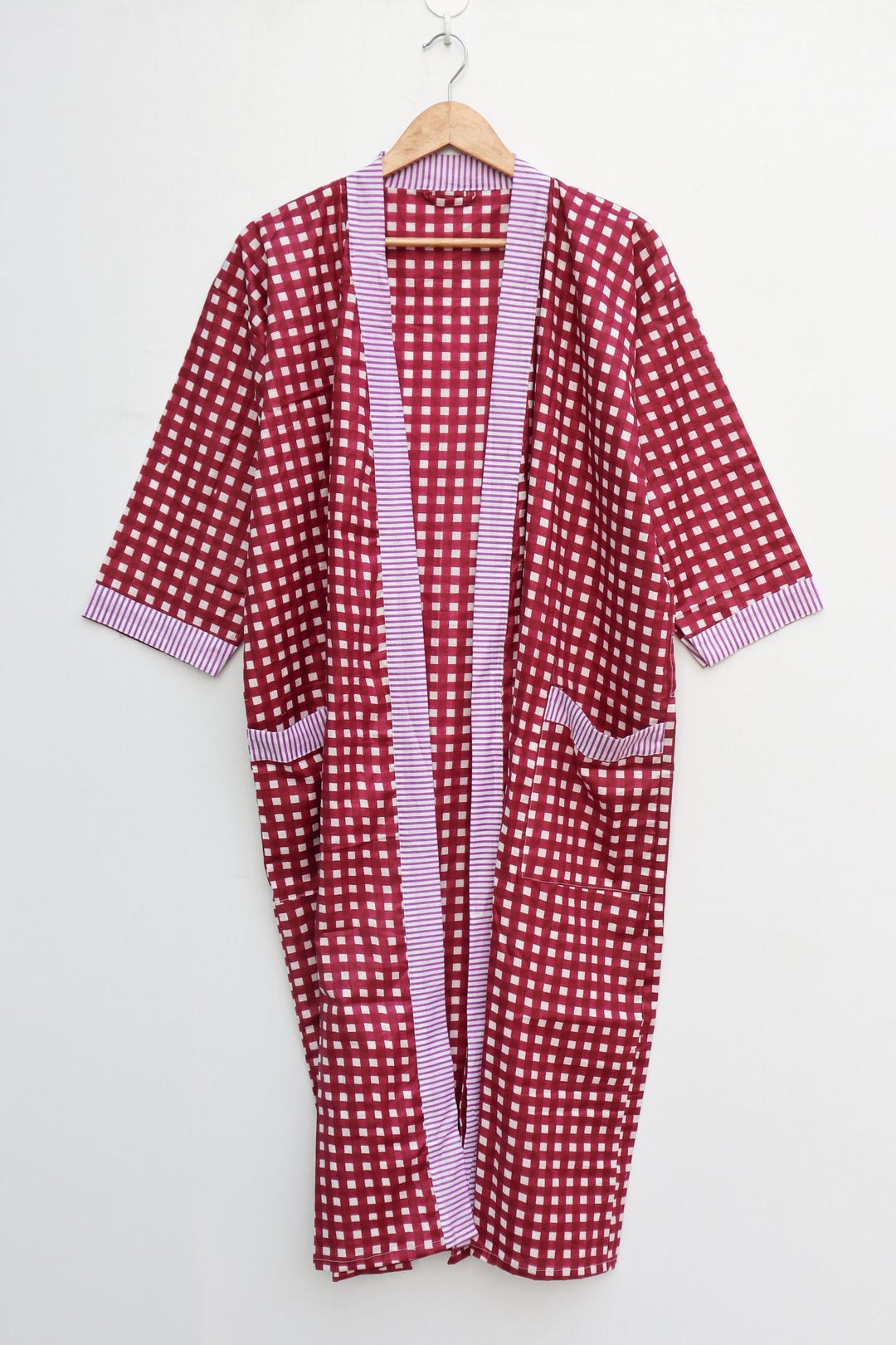 Gingham Robe Handblock Print Cotton Kimono Robe, Gingham Checkered Bathrobe - Etsy