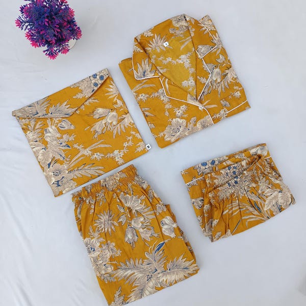Katoenen pyjamaset met bloemenblokprint: Indiase handgemaakte loungewear