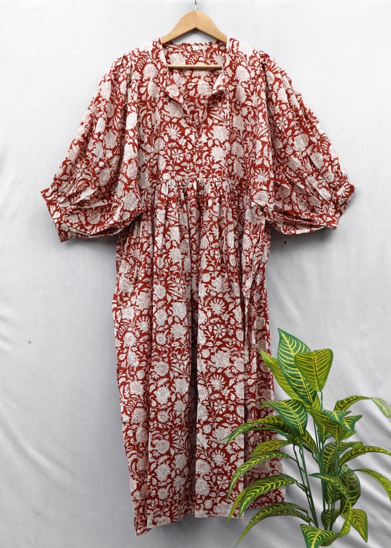 Brown Floral Block Print Cotton Midi Dress: Bohemian Summer Style Brown Floral Block Print Cotton Midi Dress: Bohemian Summer Style