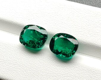 Lab Grown Emerald Cushion Gemstones Pair | 8x10mm Hydrothermal Loose Stones