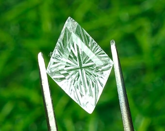 Lab Grown White Sapphire 8X12 Lozenge Fantasy Cut | 2.90cts Artisan Carved Gemstone
