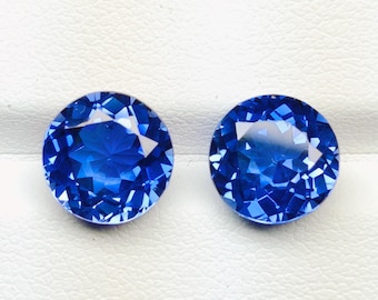Lab Grown Blue Sapphire Pair, 9mm Cornflower Round Gemstones