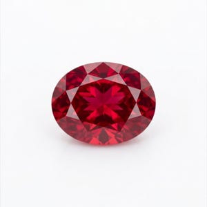 Puede incluir: Una gema roja intensa, tallada en forma ovalada y facetada. La gema tiene un diseño brillante y multifacético, que refleja la luz. El texto "MASempire" está en la esquina superior izquierda.