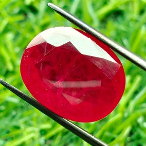 May include: A faceted, oval-shaped ruby gemstone, held by tweezers against a blurred green background. The ruby is a deep, vibrant red color, with multiple facets reflecting light. The tweezers are silver.