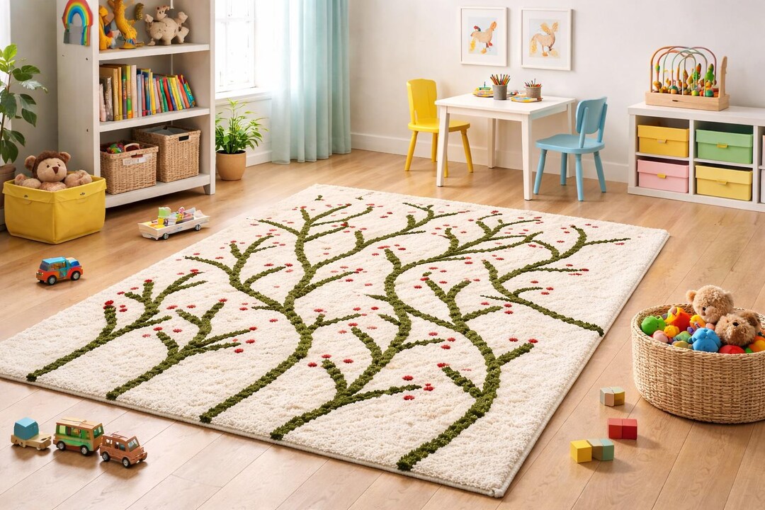 Tree Branch Rugs Hand-tufted Wool Rug: Tree Branch Red Berry Pattern, Modern Abstract ...