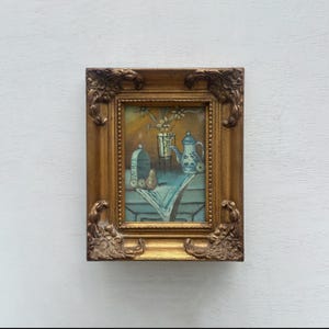 Natura morta vintage europea, dipinto ad olio, con scena di tavolo con ceramiche e frutta, 23 × 28 cm