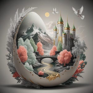 Egg World Fantasy Castle | Dreamlike Landscape Printable Wall Art | Ethereal Fairytale Scene Digital Download