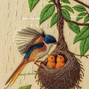 Handmade Embroidery Wall Art | Colorful Bird with Nest & Chicks | Nature-Inspired Thread Painting | Unique Home Décor Gift