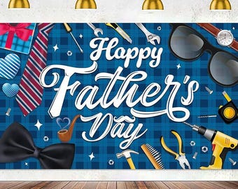 Happy Father's Day Banner Backdrop | Blue Plaid Photo Booth Background, 72x44 In