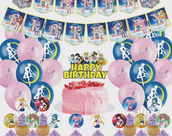 Girls Birthday Party Decoration Set | Moon Theme Banner, Cake Toppers & Balloons Kit