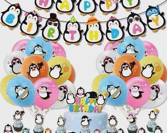Cute Penguin Birthday Party Decorations Kit | Banner, Balloons & Cake Toppers Set for Kids