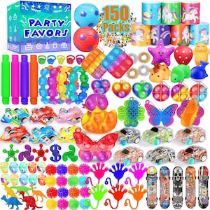 May include: A collection of party favors, including a box labeled "PARTY FAVORS", colorful pop-its, toy cars, fidget toys, and mini skateboards. The image features a variety of colors and shapes, suitable for children's parties and events.